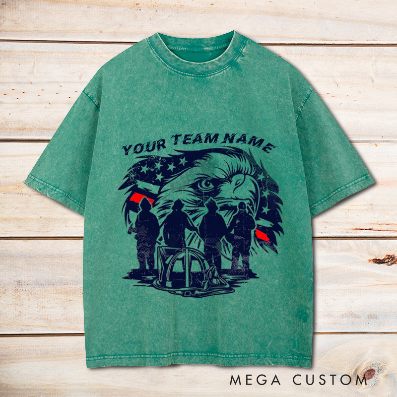 Personalized Firefighter Washed T-Shirt Custom Team Name Bald Eagle and Firefighter Silhouette Design Gift for Firefighter Teams