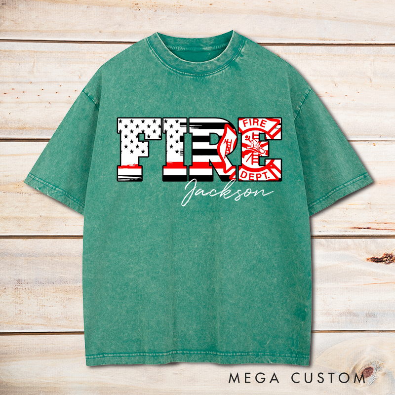 Personalized Firefighter Washed T-Shirt FIRE Lettering with Patriotic and Fire Dept Design Gift for Firefighters