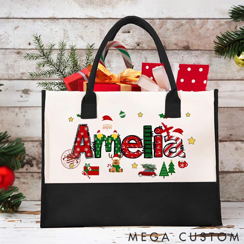 Personalized Canvas Travel Bag Santa Claus Elk Large Capacity Plane Car Stamp with Name Christmas Gift for Women