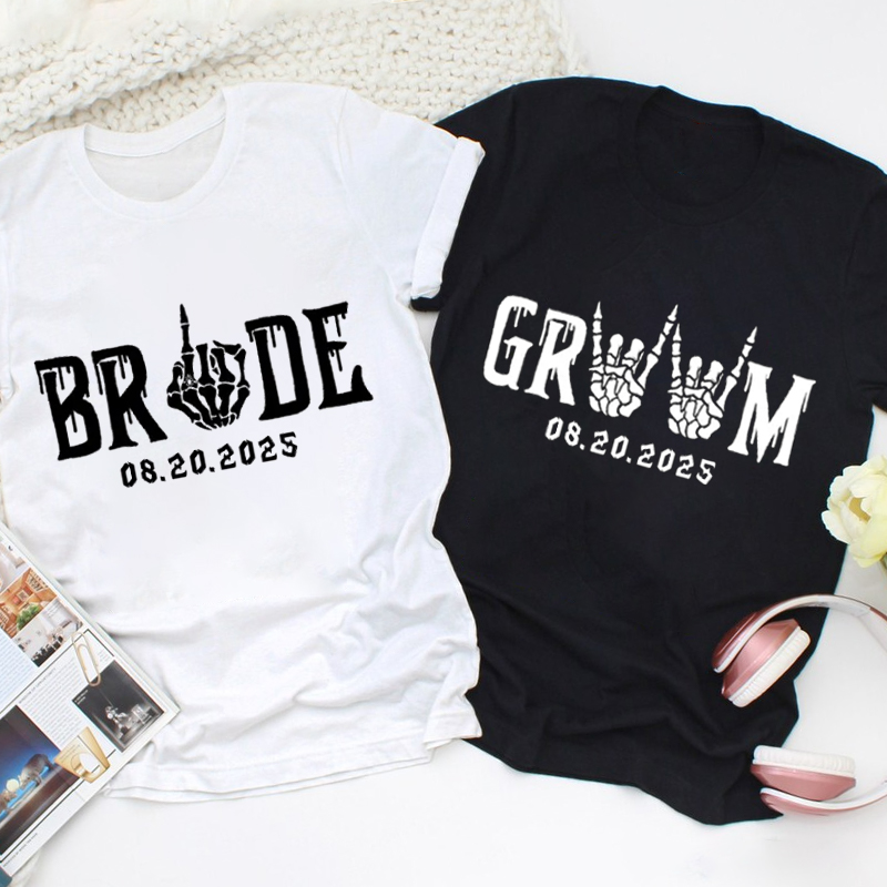 Personalized Funny Gesture Skeleton Bride and Groom Matching Wedding Couple Classic T-Shirt