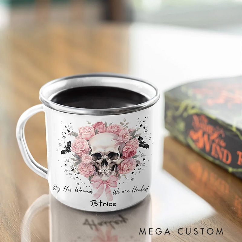 Personalized by His Wounds we are Healed Pink Floral Skull Bats Enamel Mug with Name Halloween Gift Religious Gift