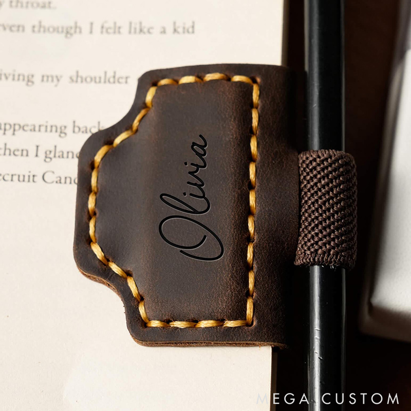 Personalized Leather Magnetic Bookmark with Pen Clip Engraved Magnet Book Clip Design with Name or Initials Handmade Reader Gift