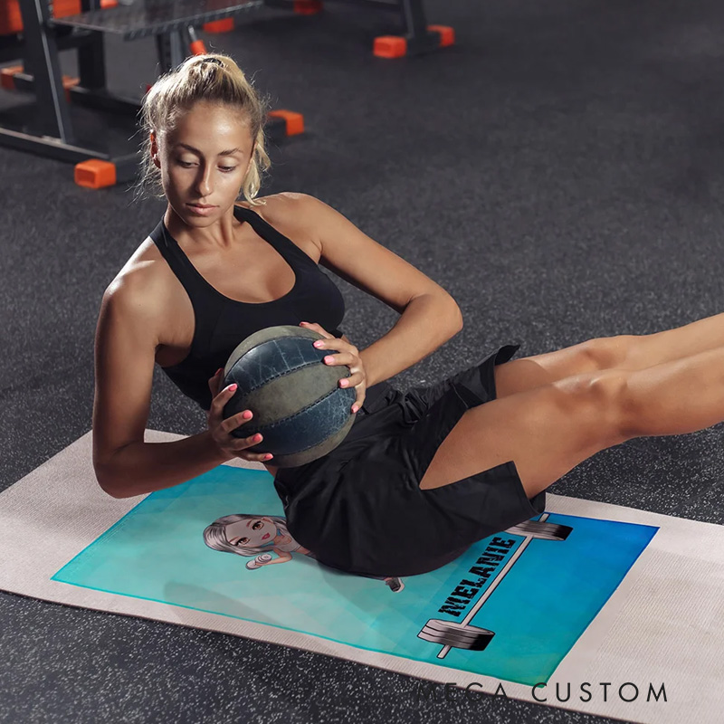 Personalized Cartoon Fitness Girl Design Super Absorbent Portable Sport Towel with Name Gym Workout Birthday Gift for Sports Lovers