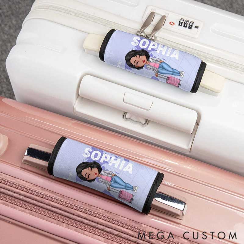 Personalized Travel Is My Therapy Cartoon Character Set of 2 Luggage Handle Wraps with Name and Contact Card Travel Accessories Gift for Travel Lovers