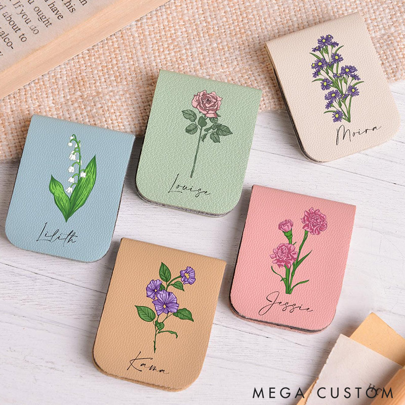 Personalized Magnetic Birth Flower Bookmark Custom Name Leather Bookmark Book Lover Gift Book Accessory