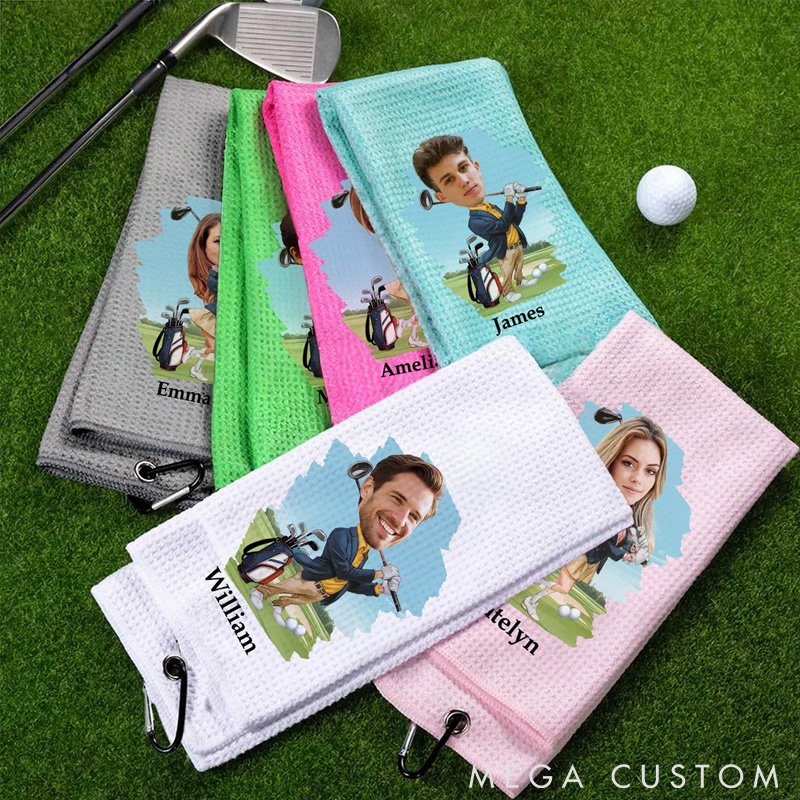 Personalized Head Photo Character Golf Towels with Name and Carabiner Clip for Game Day A Unique Gift for Golf Lovers