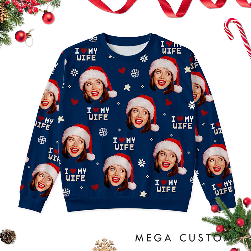 Personalized I Love My Wife Husband All-Over Ugly Sweater Couple Christmas Sweater Husband Wife Couple Edition Ugly Sweater Xmas Gift Sweater with Photo