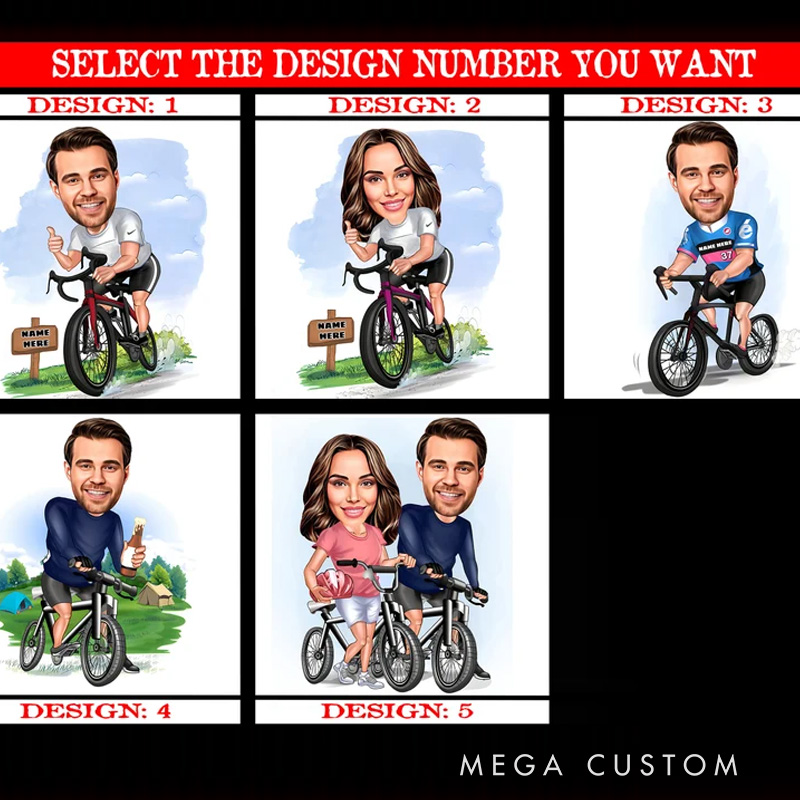 Personalized Cartoon Cyclist Portrait Biker Bicycle Cycle Cycling Art Poster Gifts for Cycling Riding Lovers