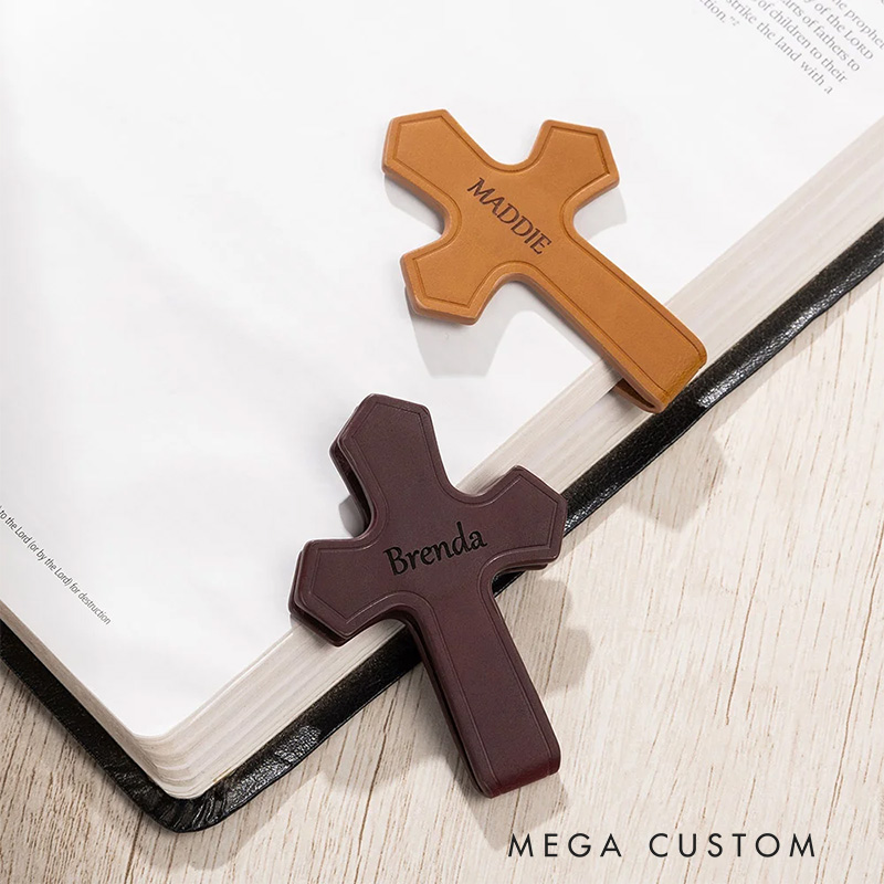 Personalized Engraved Name Cross PU Leather Magnetic Bookmark Clip Reading Accessory Religious Baptism Gift for Book Lover Christian