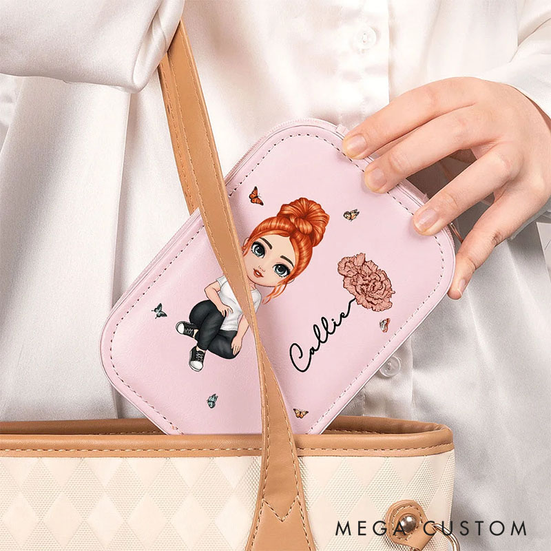 Personalized Cartoon Character Birth Flower Leather Jewelry Box with LED Three-color Makeup Mirror Travel Essential Birthday Gift for Women