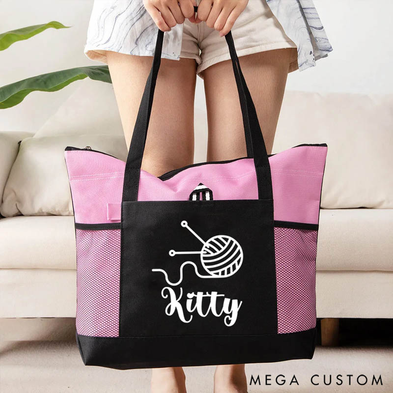 Personalized Knitted Design Large Mesh Tote Bag with Name Birthday Gift for Sewing Crocheting Lovers