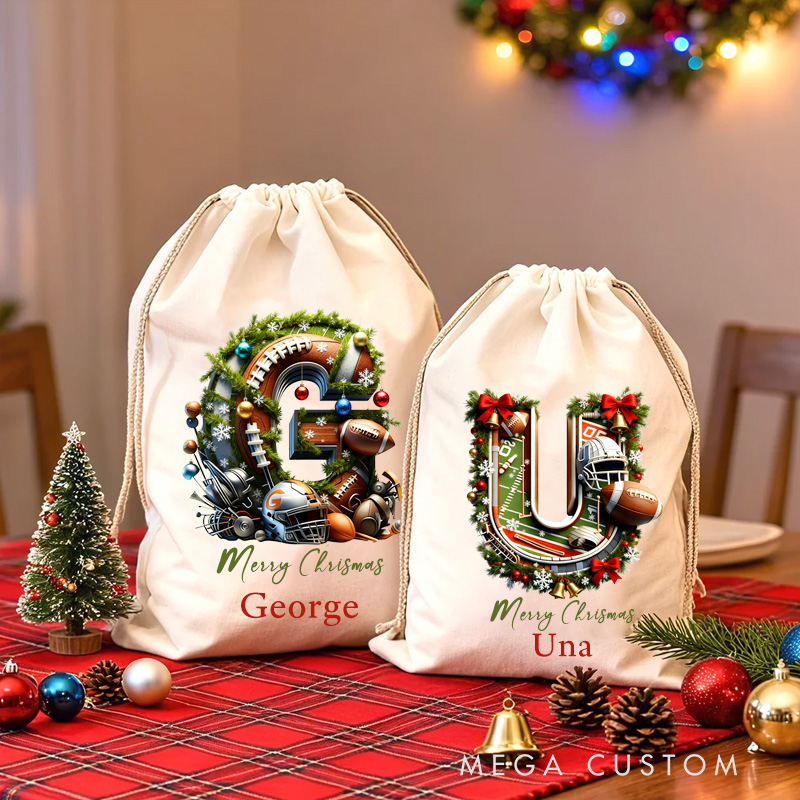 Personalized Christmas American Football Gift Bag with Custom Initial and Name Design