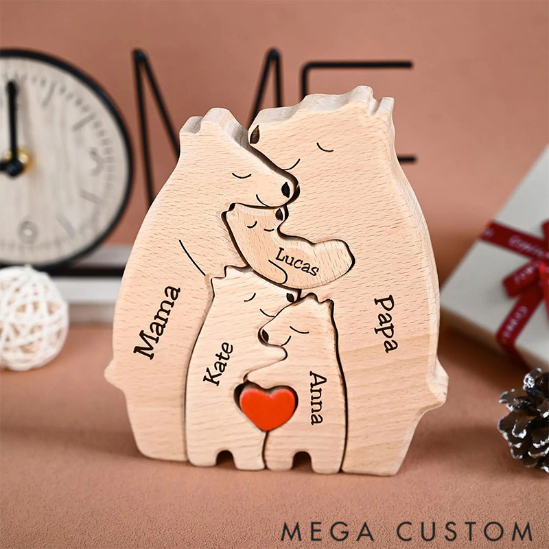 Personalized Carved Wooden Bear Family Jigsaw Puzzle, Wood Bear Figurines, Hugging Bear Family Keepsake Gift for Parents, Christmas Bear Decor