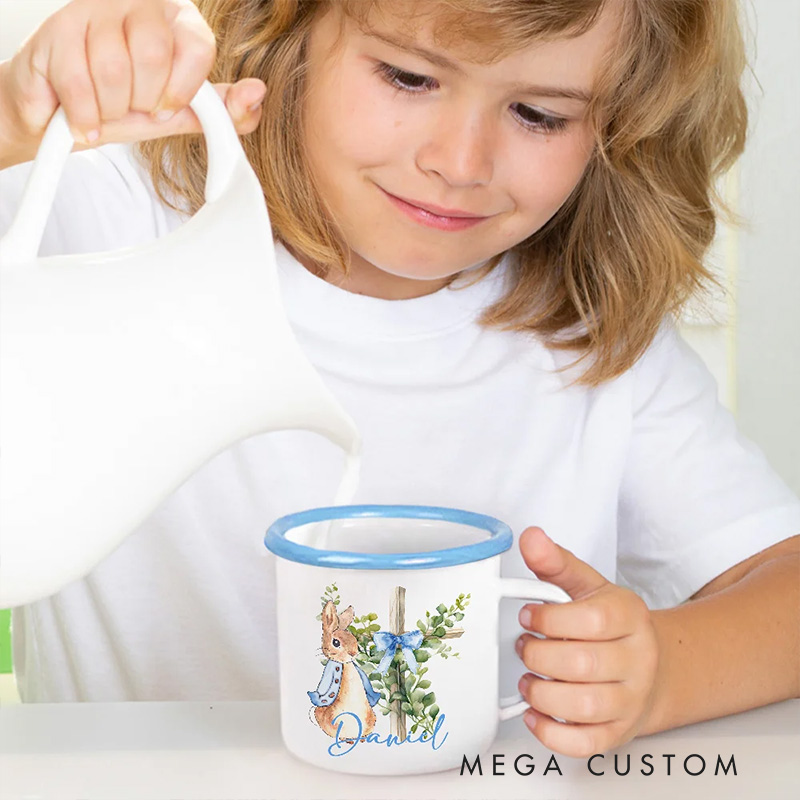 Personalized Cute Peter Rabbit Bow Cross Colored Rim Stainless Steel Enamel Mug with Name Easter Back to School Birthday Gift for Kids