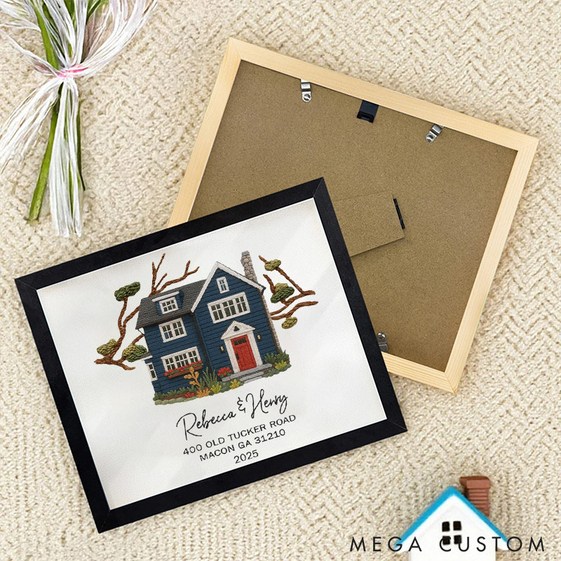 Personalized Embroidered House Photo Frame with Name Address Home Decor Custom Housewarming Gift from Photo New Home Wedding Christmas Gift for Family