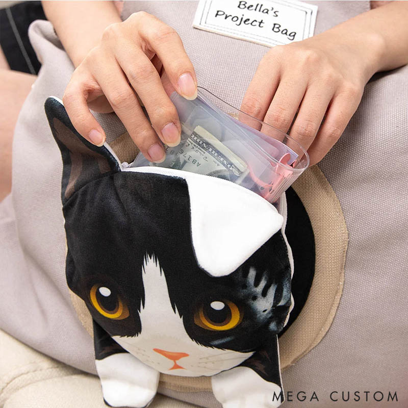 Personalized Canvas Crochet Woolen Organizer Storage Bag with Detachable Cute Cat Pocket Gift for Knitting Lover