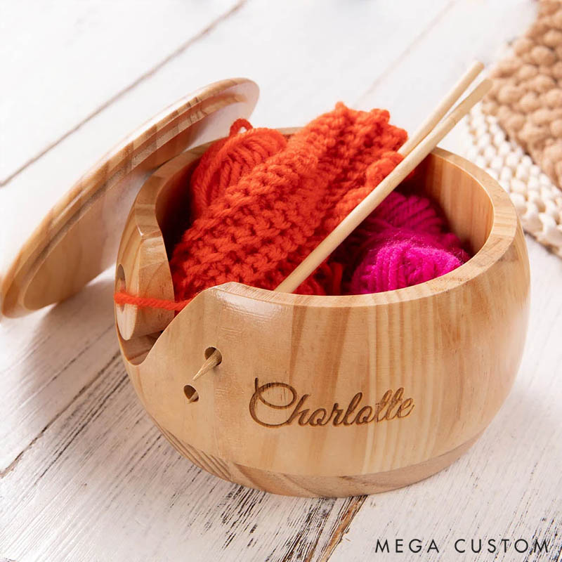 Personalized Handmade Wooden Crochet Knitting Yarn Bowl with Lid and Engraved Name Gift for Mom Grandma Craft Lovers