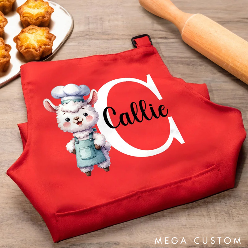 Personalized Lamb Dinosaur Animal Chef Initial Name Adjustable Apron Chef Hat Set with Pocket Cooking Baking Birthday Gift for Kids