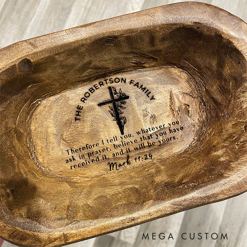Personalized Bible Verse Cross Prayer Bowl Dough Bowl with Engraved Family Name Home Decor Religious Gift for Christians