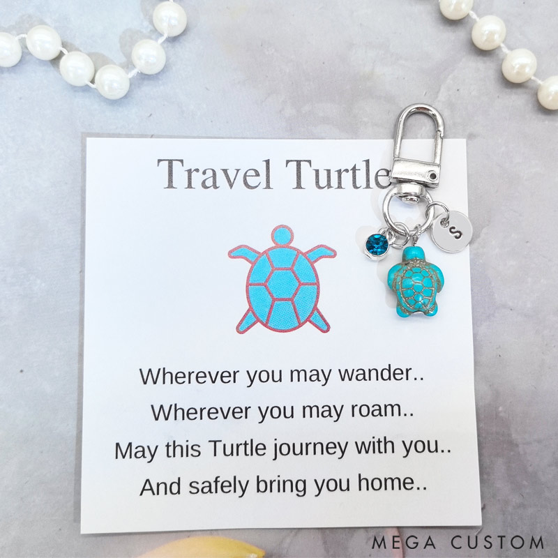 Personalized Travel Turtle Keychain with Birthstone Initials Travel Turtle Bag Charm Gift for Travel Lovers