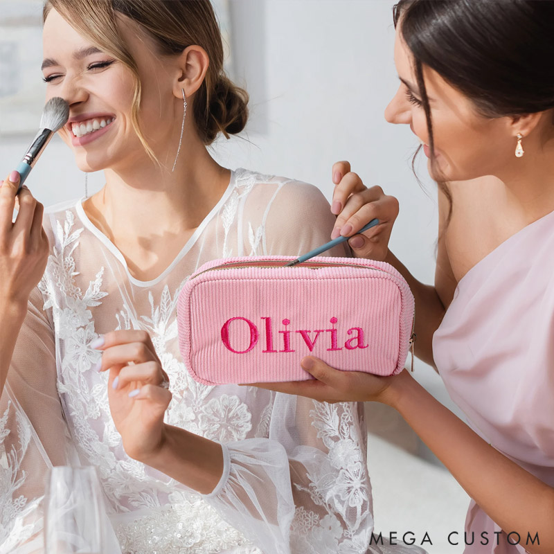 Personalized Multicolor Corduroy Travel Makeup Toiletry Bag with Embroidered Name Daily Use Gift for Women