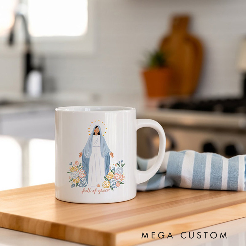 Personalized Full of Grace Virgin Mary Ceramic Mug with Floral Accents Catholic Religious Gift Birthday Gift for Women and Girls 