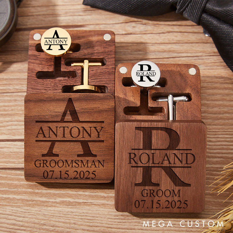 Personalized Groomsman Cufflink Gift Box Engraved Wooden Cufflink Box with Cufflinks Wedding Party Favors Gift for Groom Best Man