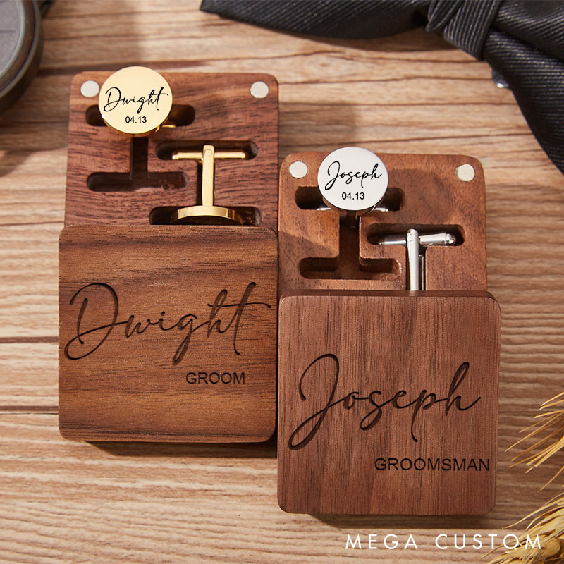 Personalized Wooden Cufflink Box Set Custom Handcrafted Wedding Party Gift Cufflinks Box Bachelor Party Favors Cufflink Engraved Men's Cufflinks