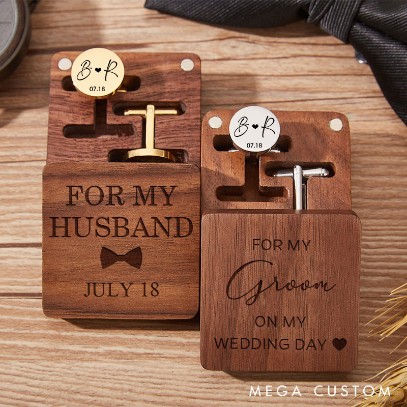 Personalized Wooden Cufflink Box for Men Heartfelt Wedding Gift for Husband or Groom Engraved Cufflinks Box Set with Cufflinks for Men