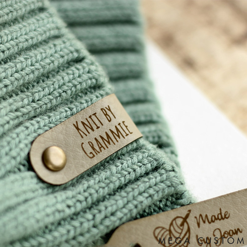 Personalized Set of 10 Faux Leather Labels for Knitted Handmade or Crochet with Custom Name and Snaps Gift for Knitting Crocheting Lovers