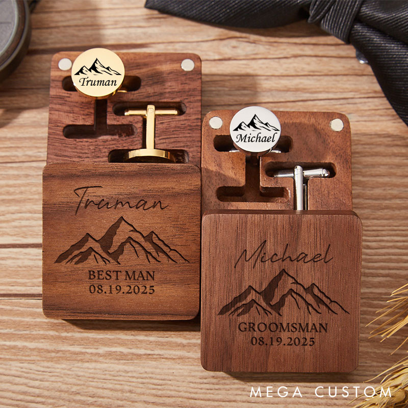 Personalized Wooden Cufflink Box Set with Cufflinks Rustic Mountain Design Cufflinks Wedding Party Gift Cufflink Groomsman Proposal Cufflinks Box 