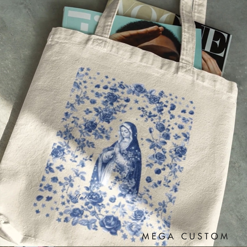 Personalized Virgin Mary Canvas Tote Bag with Name Birthday Gift Religious Gift Catholic Gift for Women