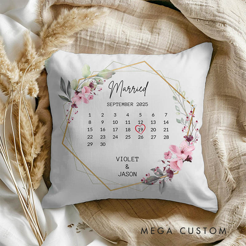 Personalized Couple Floral Married Calendar Pillow with Name Custom Newlyweds Wedding Date Pillow Engagement Pillow for Husband Wife Anniversary Gift