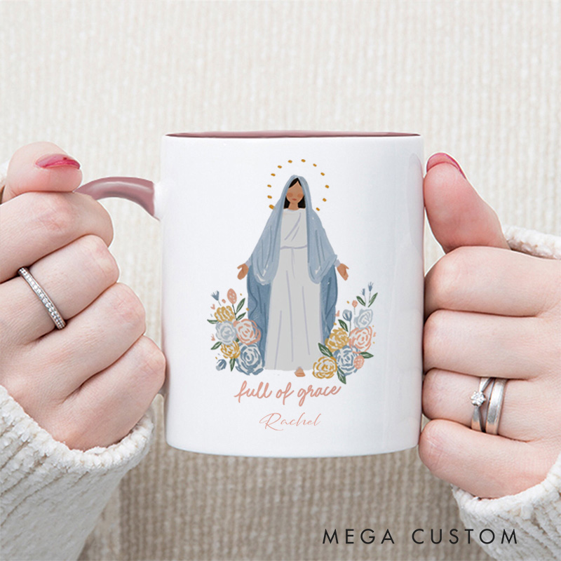 Personalized Full of Grace Virgin Mary Ceramic Mug with Name Religious Inspirational Gift Catholic Gift for Women