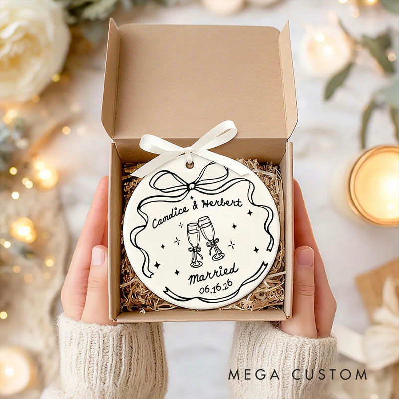 Personalized Couple Romantic Wedding Bow Ceramic Ornament Custom Newlyweds Married Ornament Our First Christmas Ornament Engagement Bridal Shower Gift