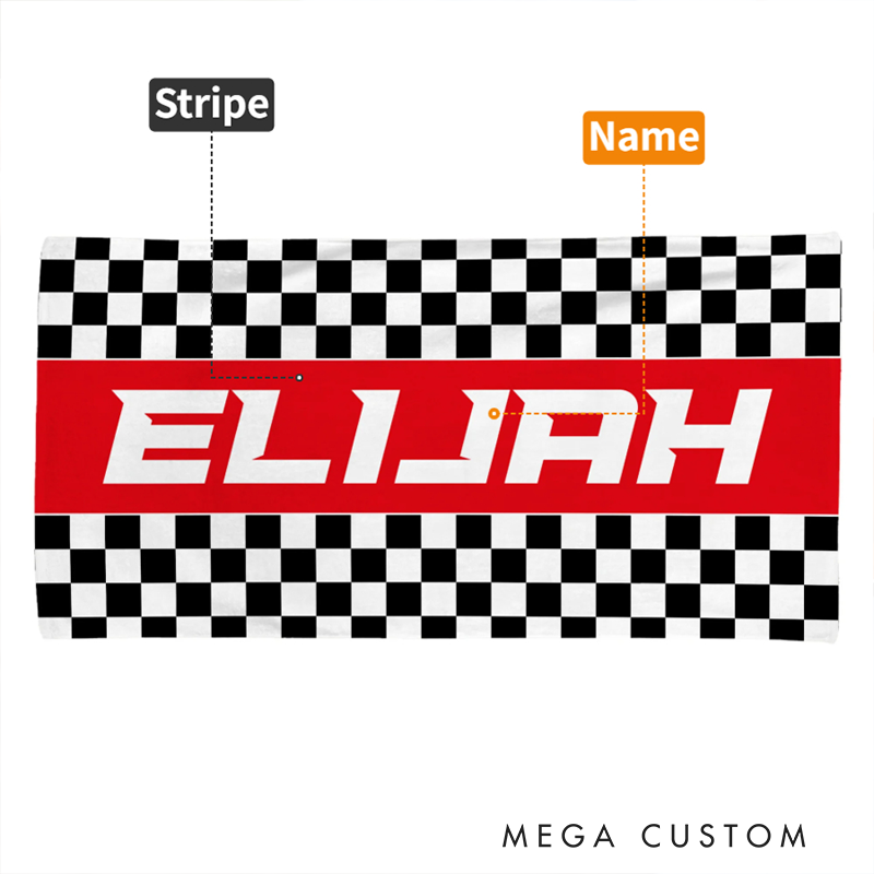 Personalized Checkered Racing Flag Beach Towel with Name Custom Oversized Towel Gift for Racers and Racing Lovers