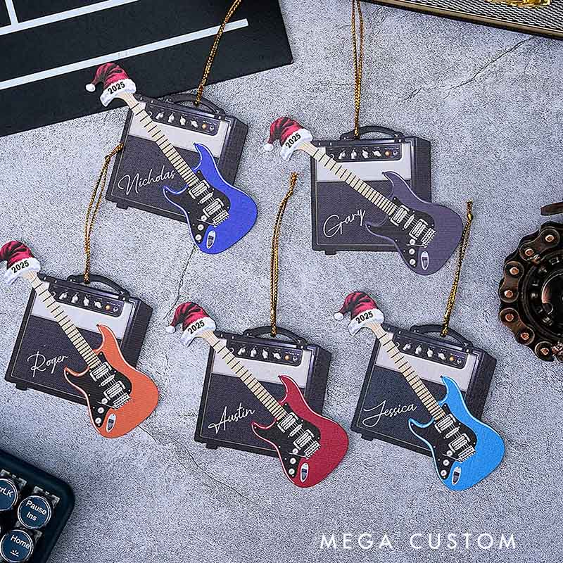 Personalized 3D Effect Retro Guitar Amp Santa Hat Ornament with Name and Year Holiday Decor Christmas Gift for Guitarists Guitar Lovers