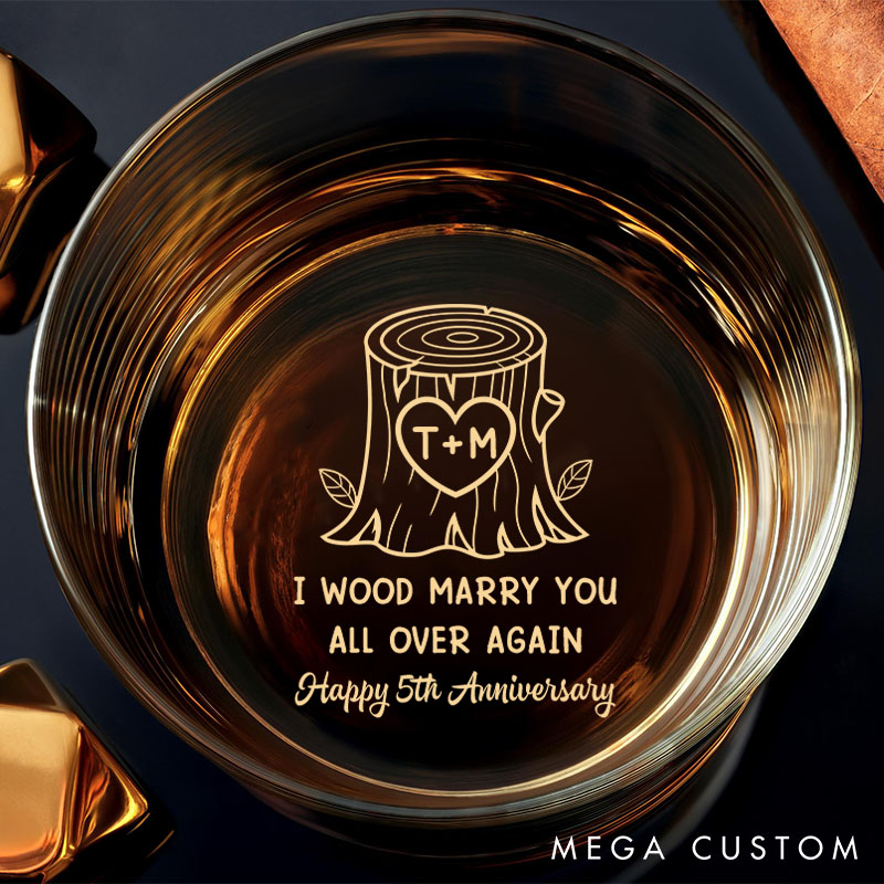 Personalized 5th Anniversary Whiskey Glass "I Wood Marry You All Over Again" 5th Anniversary Gift Glass Couple Anniversary Gift
