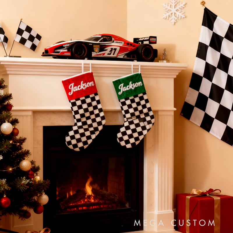 Personalized Embroidered Racing Christmas Stocking with Name Custom Gift for Racers and Racing Lovers