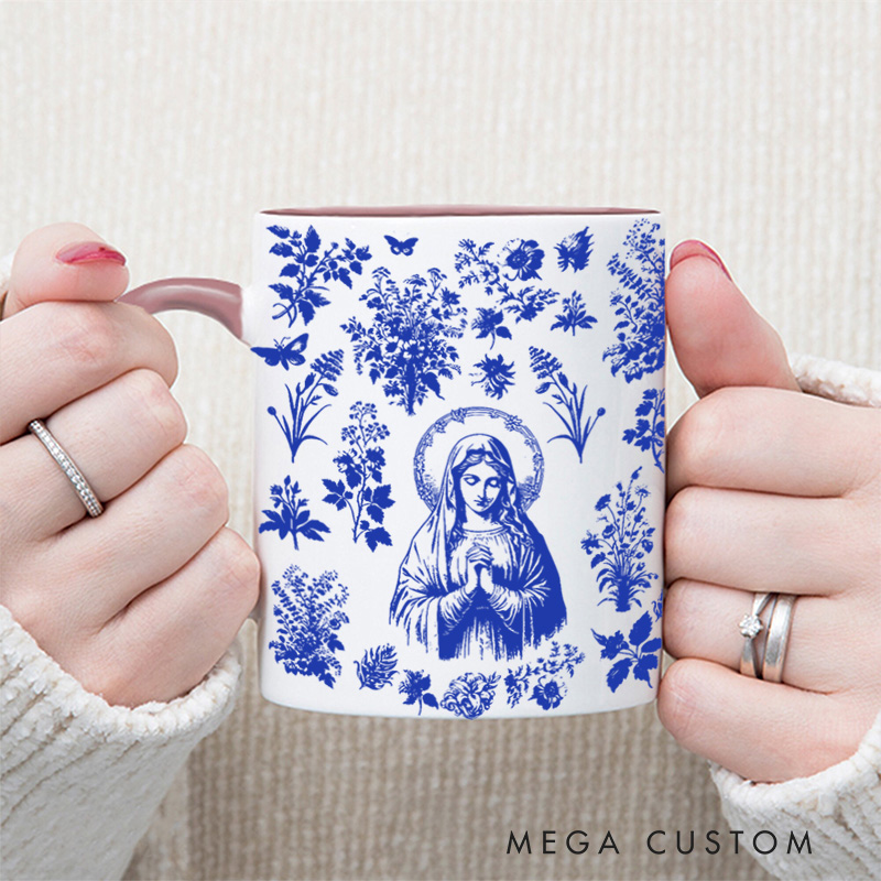 Personalized Catholic Virgin Mary Toile De Jouy 11oz Ceramic Mug with Name Our Lady Coffee Cup Vintage Floral Marian Mug Christian Gift for Women