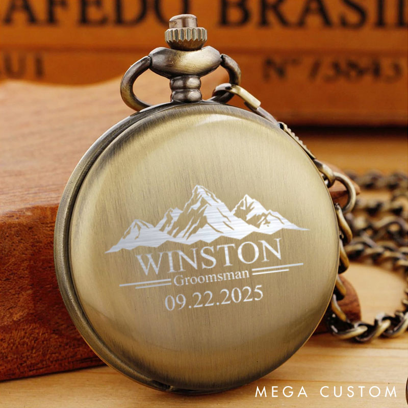 Personalized Pocket Watch with Chain Custom Perfect Gift for Best Man Mountain Design Pocket Watch for Groomsman Bachelor Party Gift
