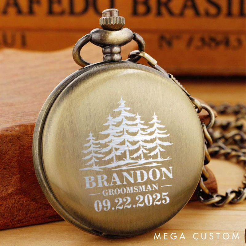 1.Personalized Groomsmen Pocket Watch Forest Wedding Party Pocket Watch Best Man Pocket Watch Unique Custom Bachelor Gift with Chain