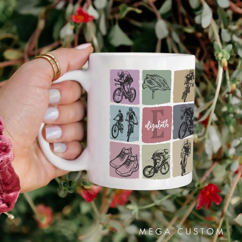 Personalized Cycling Custom Name Initial Mug Coffee Cup Gift for Cyclist Biker Drinkware Bicycle Lover Gift Sports Fitness Enthusiast Mug