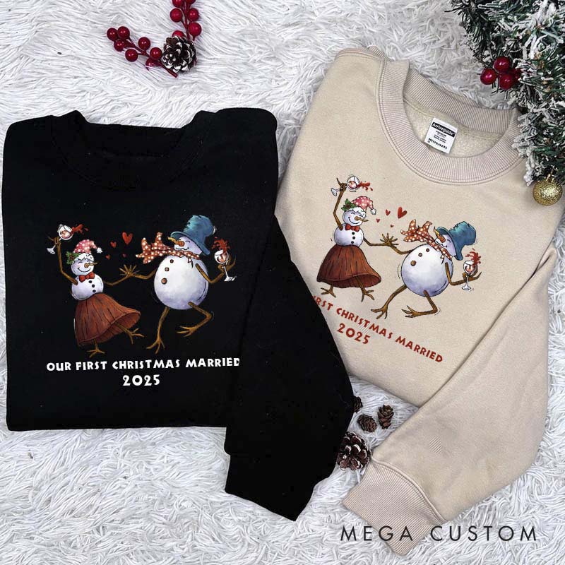 Personalized Our first Christmas Married Crewneck for Newlywed Couple Snowman Design Christmas Sweatshirt Couple Holiday Outfit