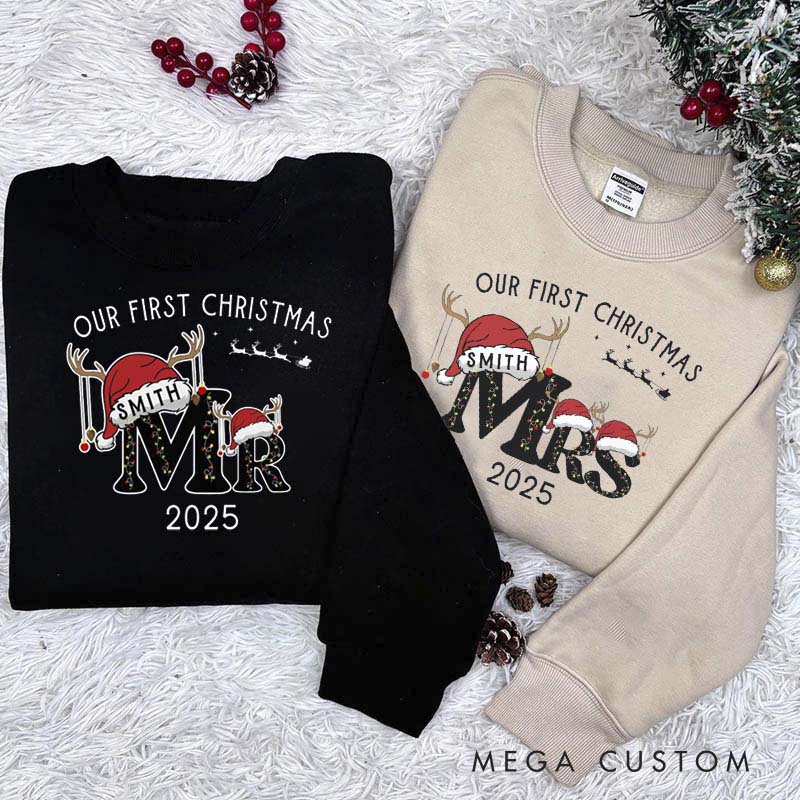 Personalized First Christmas as Mr and Mrs Crewneck for Newlywed Couple Snowman Design Christmas Sweatshirt Couple Holiday Matching Outfit