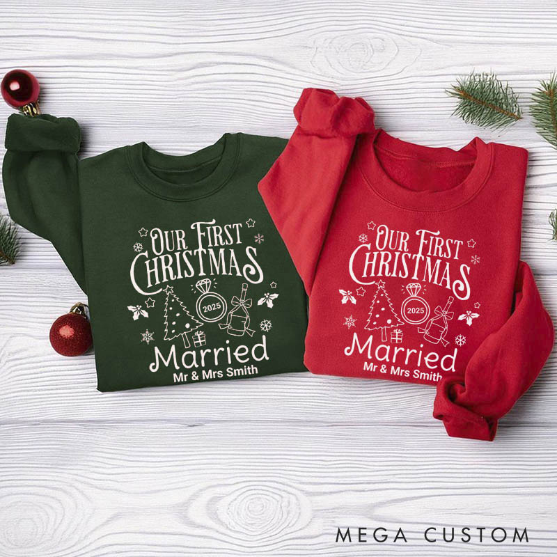 Personalized Our First Christmas Married Sweatshirt for Newlywed Couple Holiday Couple Matching Outfit Newlywed Christmas Gift