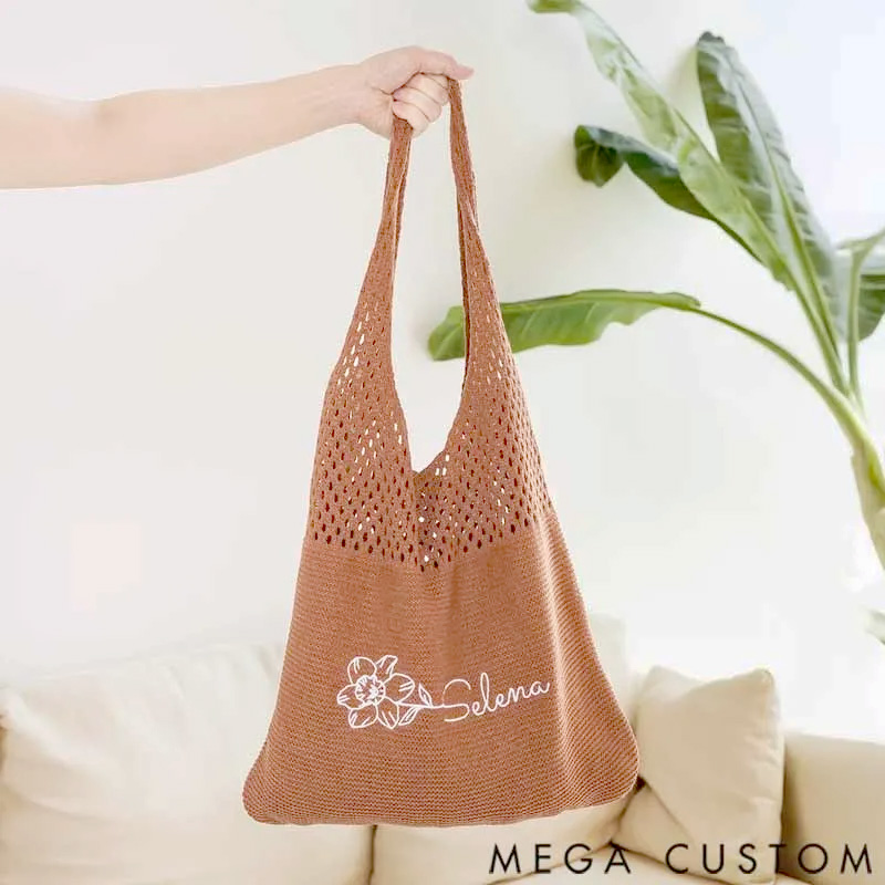 Personalized Retro Embroidered Birth Flower Crochet Mesh Tote Bag with Name Summer Beach Travel Birthday Gift for Women