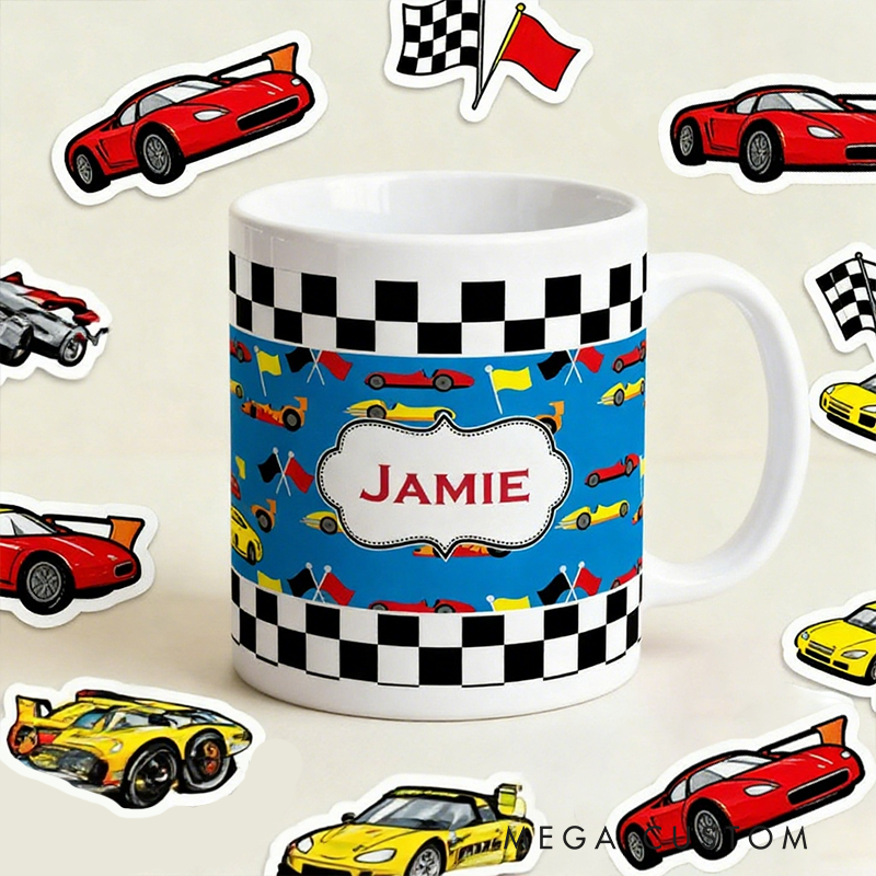 Personalized Ceramic Mug with Racing Car and Check Flag Design Gift for Racer and Racing Lovers