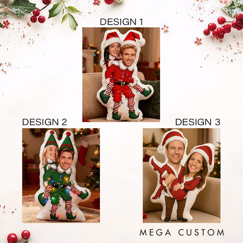 Personalized Couple Face Photo Pillow Custom Newlyweds Funny Elf Santa Claus Body Cushion First Christmas Pillow for Boyfriend Girlfriend Husband Wife
