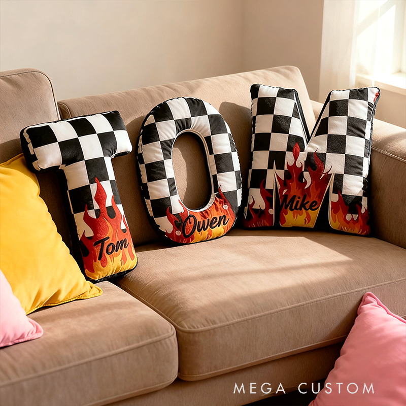 Personalized Racing Letter Throw Pillow Custom Name Checkered and Flame Design Cushion Gift for Racers and Racing Lovers